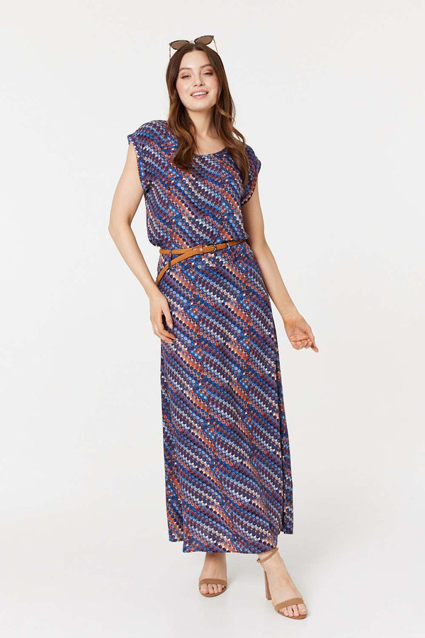 Navy | Printed Belt Detail Maxi Skirt