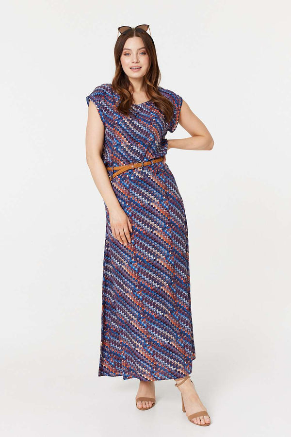 Navy | Printed Belt Detail Maxi Skirt