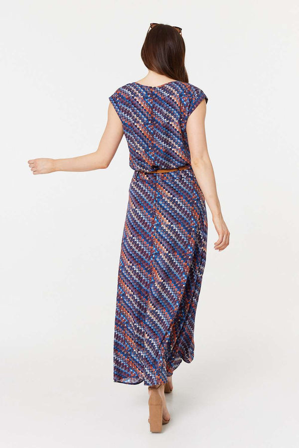 Navy | Printed Belt Detail Maxi Skirt