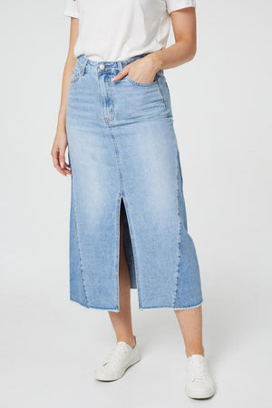 Blue | Denim Split Front Midi Skirt