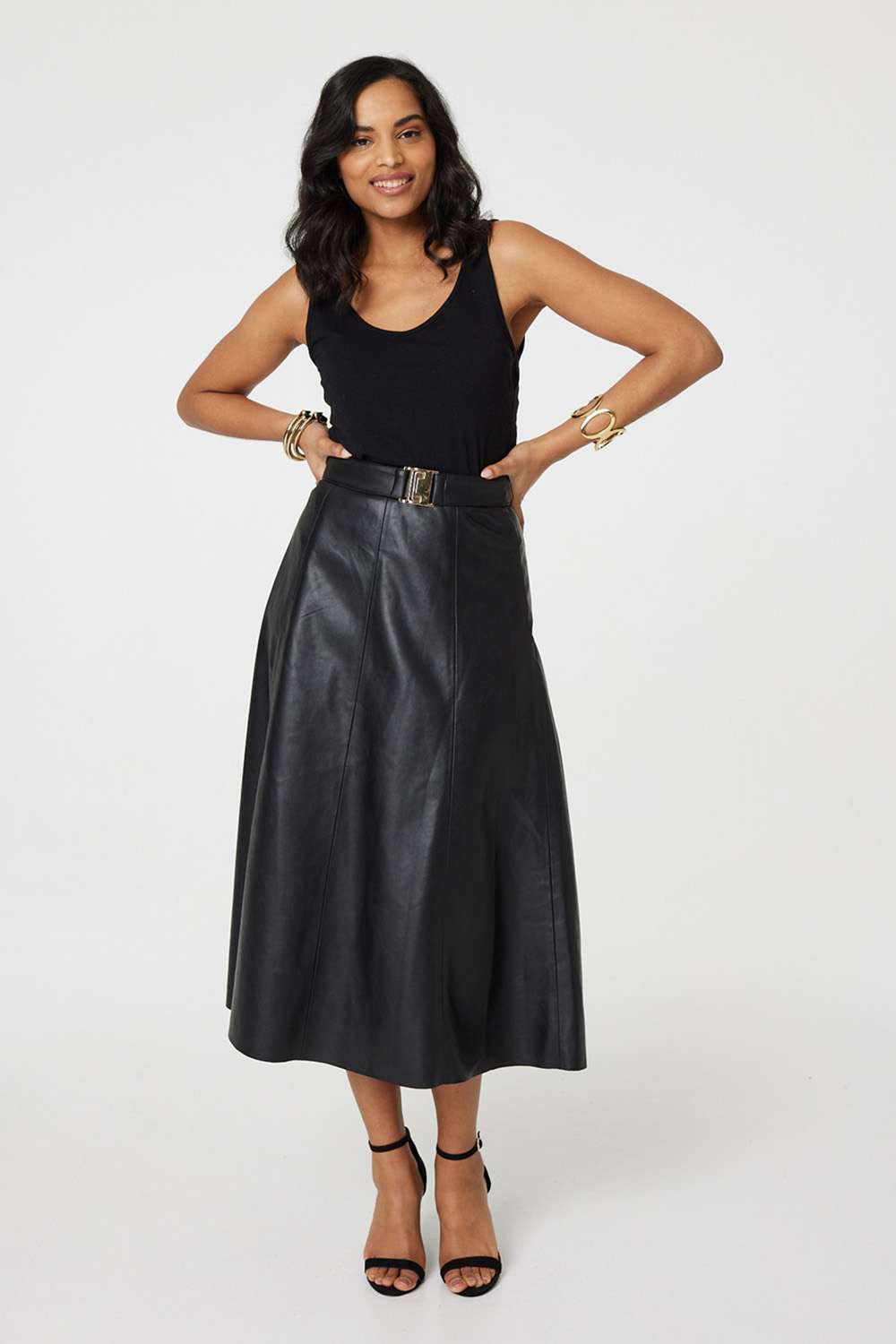 Black | Faux Leather Belted Midi Skirt
