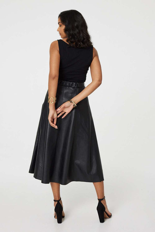 Black | Faux Leather Belted Midi Skirt