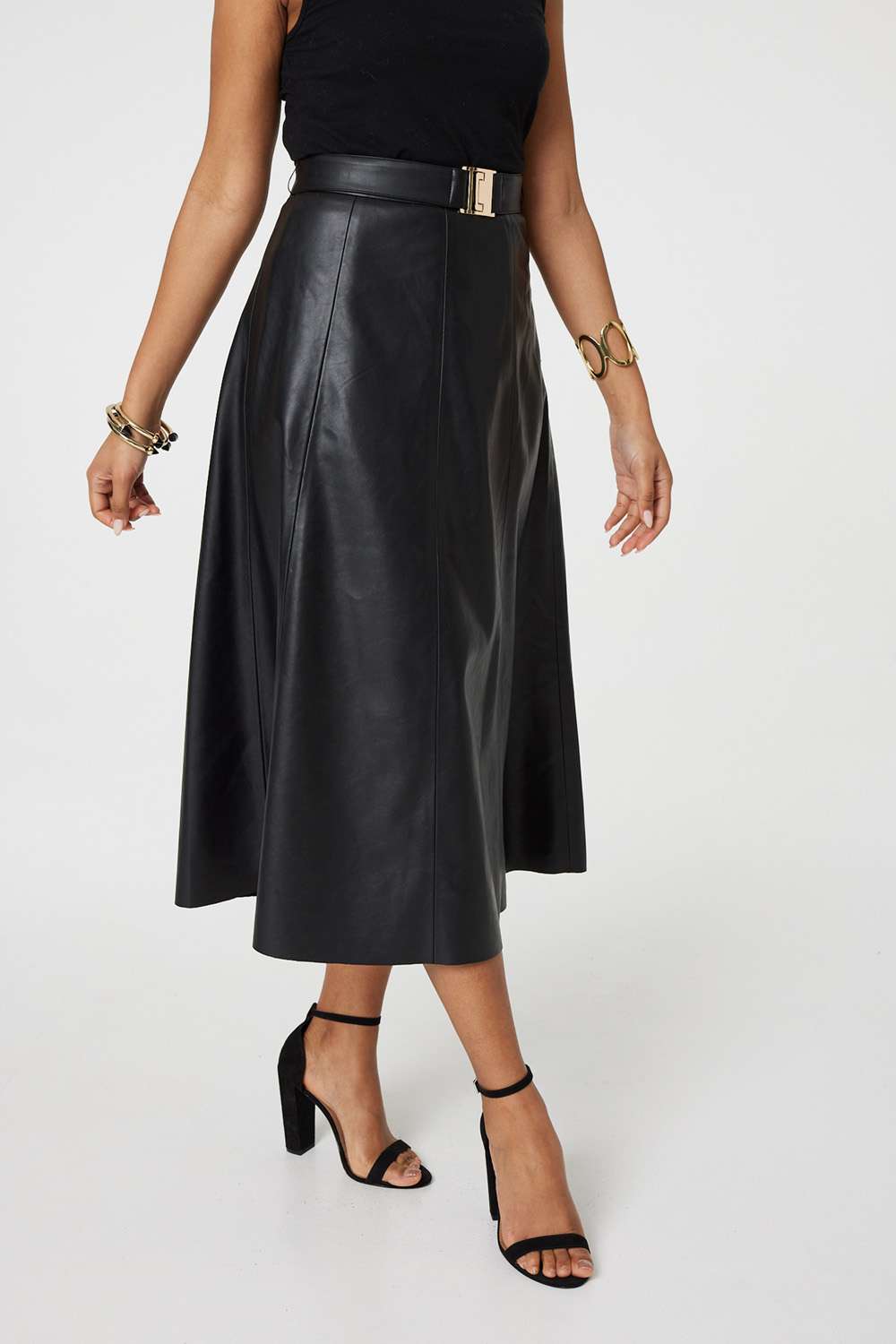 Black | Faux Leather Belted Midi Skirt
