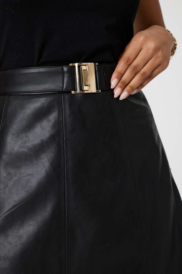 Black | Faux Leather Belted Midi Skirt