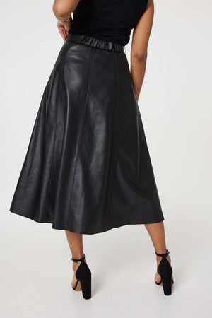 Black | Faux Leather Belted Midi SkirtBlack | Faux Leather Belted Midi Skirt