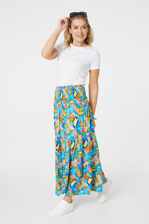 Abstract Shirred High Waist Maxi Skirt