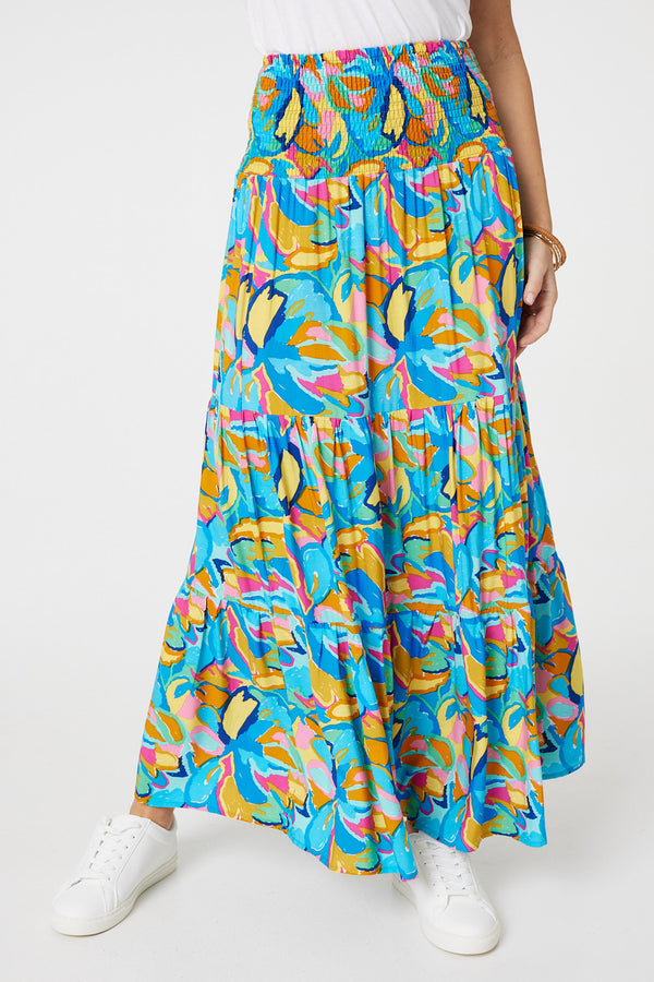Blue | Abstract Shirred High Waist Maxi Skirt
