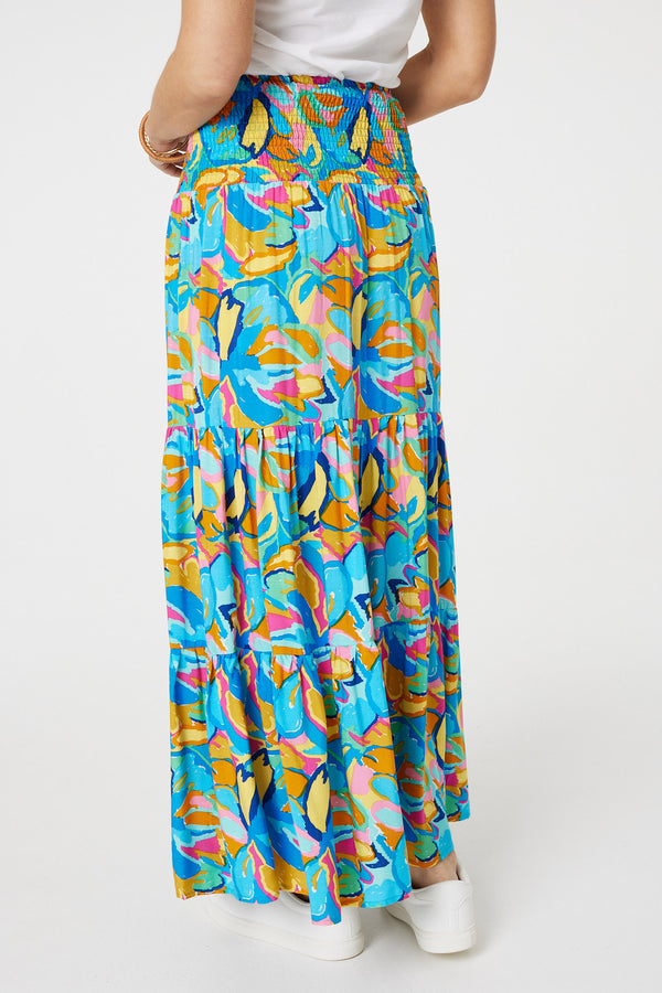 Blue | Abstract Shirred High Waist Maxi Skirt
