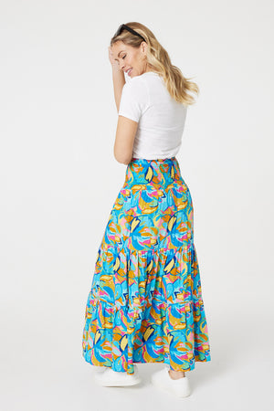 Blue | Abstract Shirred High Waist Maxi Skirt
