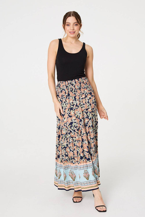 Navy | Floral Print High Waist Maxi Skirt
