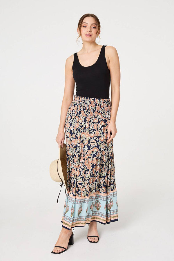 Navy | Floral Print High Waist Maxi Skirt

