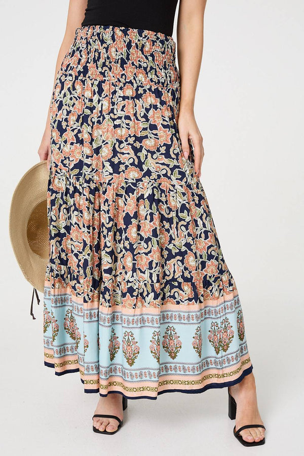 Navy | Floral Print High Waist Maxi Skirt
