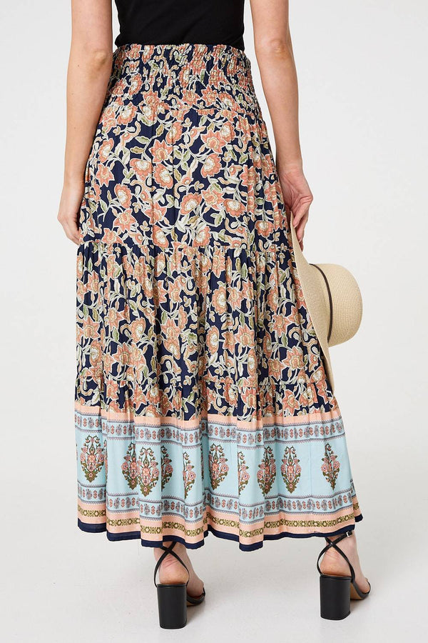 Navy | Floral Print High Waist Maxi Skirt
