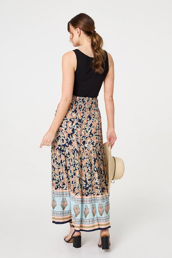 Navy | Floral Print High Waist Maxi Skirt
