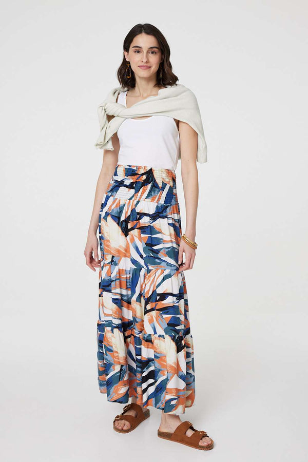 Blue | Printed Tiered High Waist Maxi Skirt : Model is 5'9"/175 cm and wears UK8/EU36/US4/AUS8