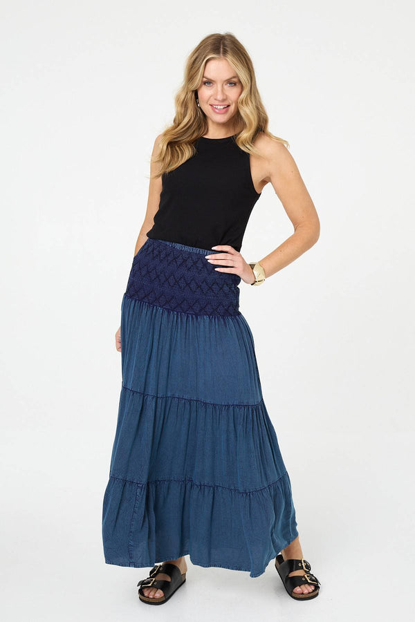 Blue | Elasticated High Waist Tiered Maxi Skirt
