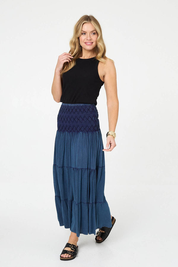 Blue | Elasticated High Waist Tiered Maxi Skirt
