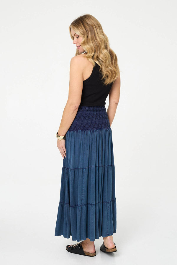 Blue | Elasticated High Waist Tiered Maxi Skirt
