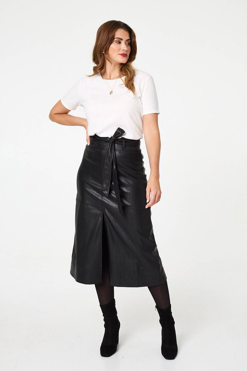 Faux Leather Tie Waist A-Line Midi Skirt | Izabel London Faux Leather Tie Waist A-Line Midi Skirt | Izabel London