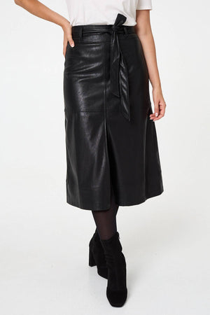 Black | Faux Leather Tie Waist A-Line Midi Skirt