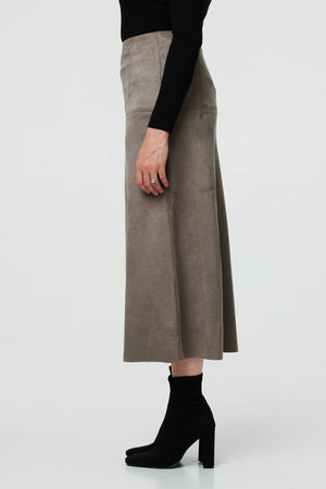 Grey | Faux Suede A-Line High Waist Midi Skirt
