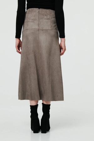Grey | Faux Suede A-Line High Waist Midi Skirt

