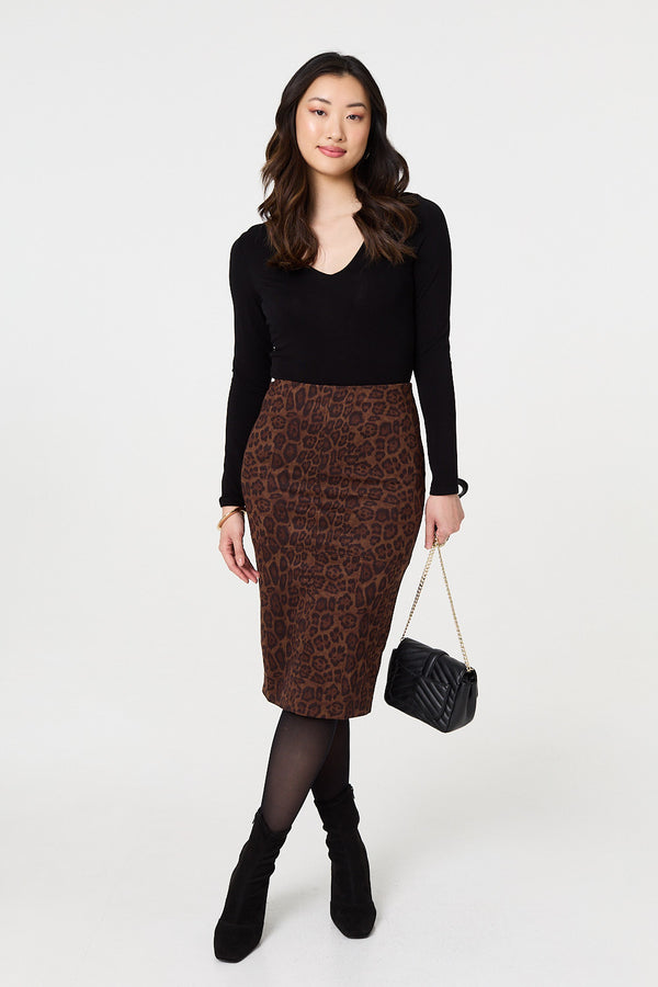 Brown | Animal Print Knee Length Pencil Skirt
