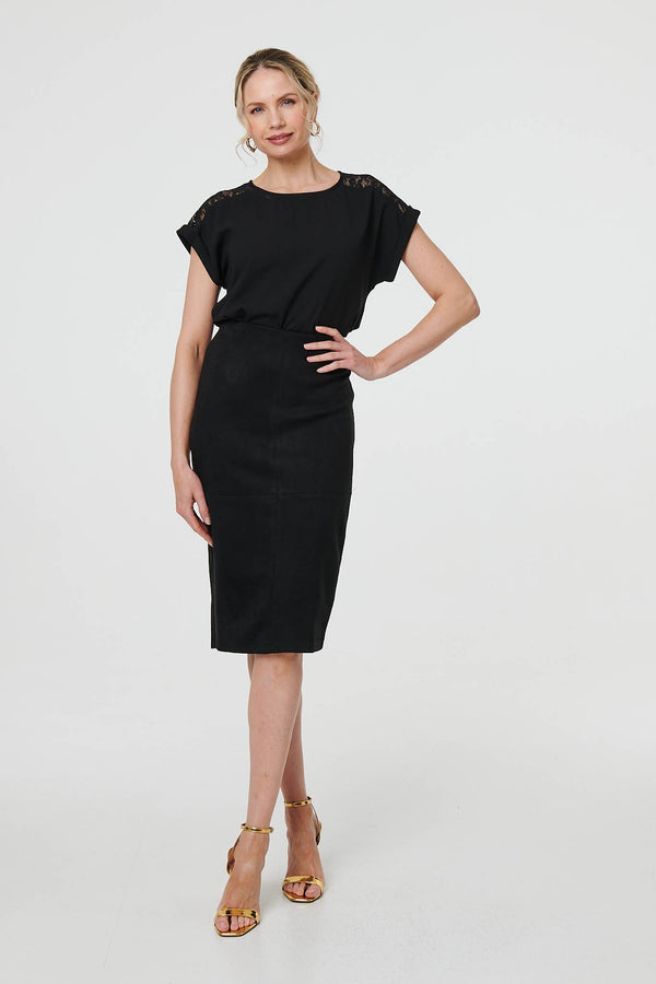 Black | Faux Suede Knee Length Pencil Skirt
