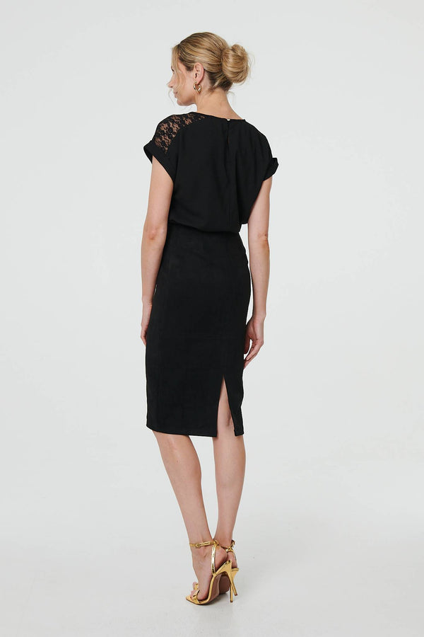 Black | Faux Suede Knee Length Pencil Skirt
