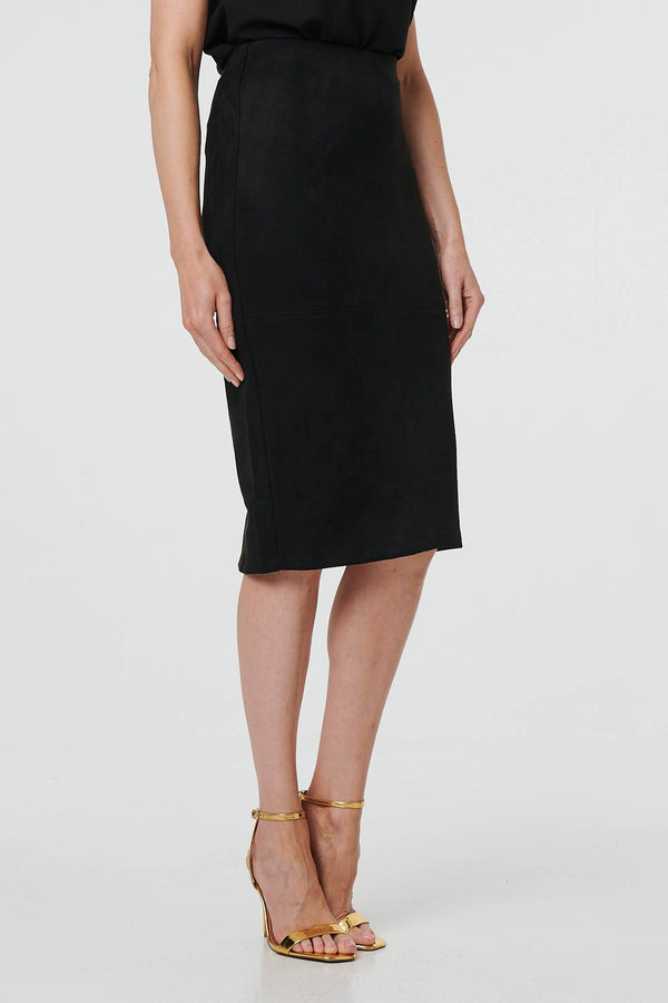 Black | Faux Suede Knee Length Pencil Skirt
