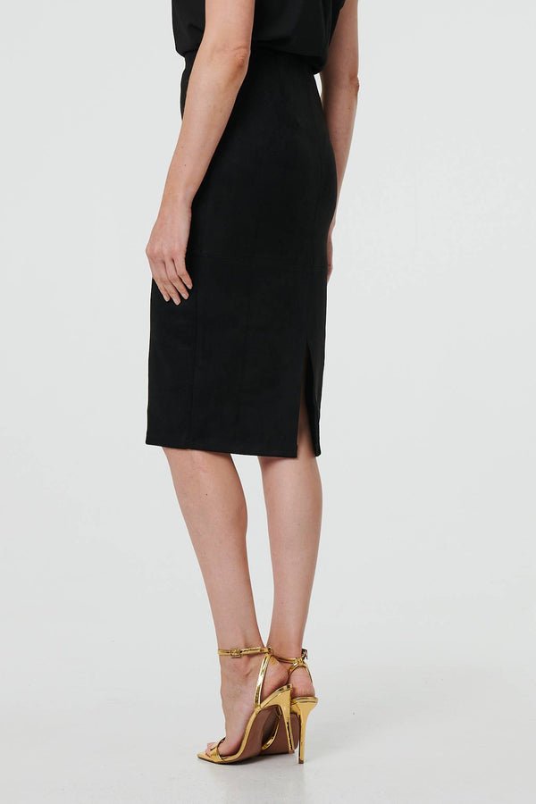 Black | Faux Suede Knee Length Pencil Skirt
