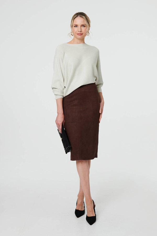 Brown | Faux Suede Knee Length Pencil Skirt
