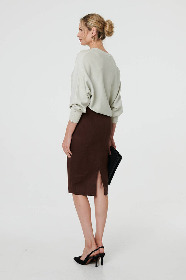 Brown | Faux Suede Knee Length Pencil Skirt
