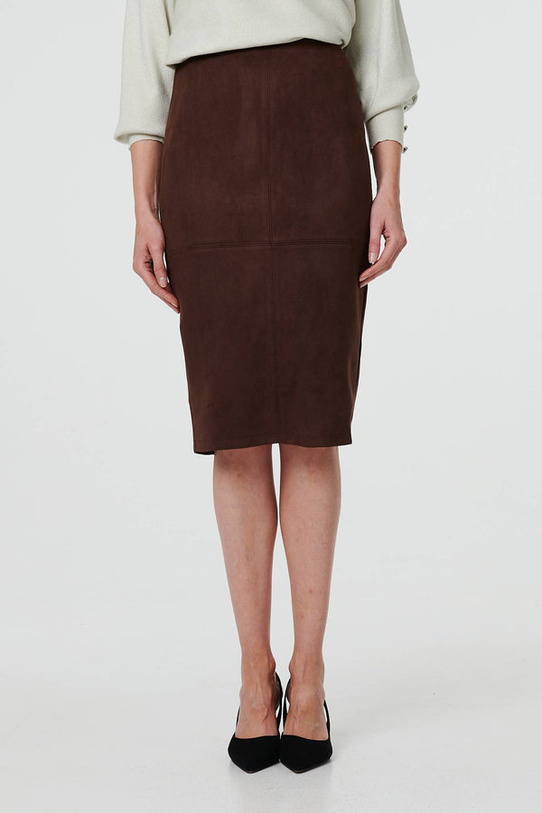 Brown | Faux Suede Knee Length Pencil Skirt
