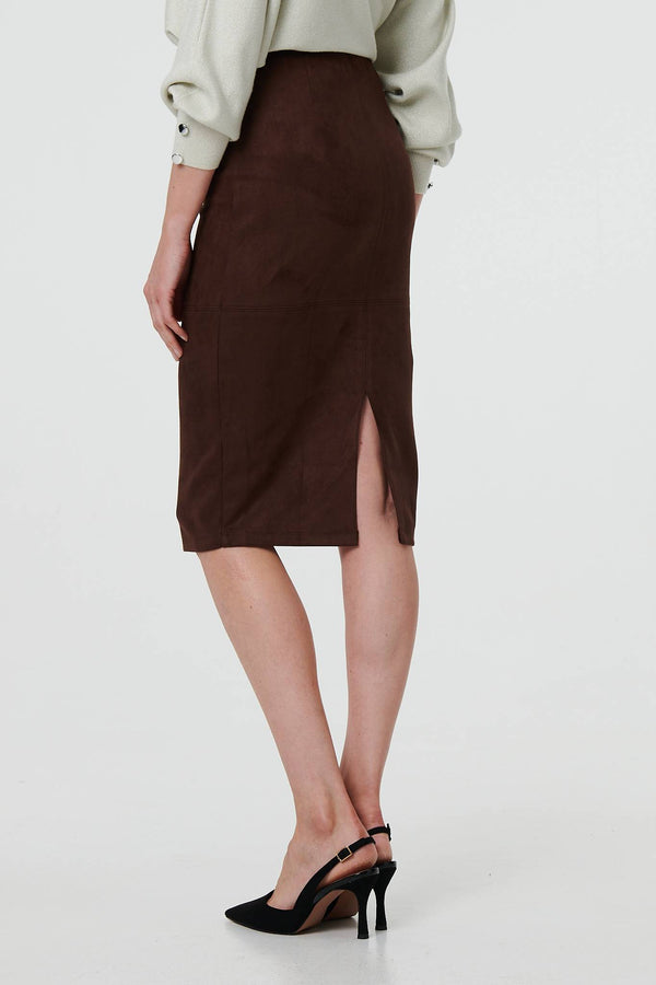 Brown | Faux Suede Knee Length Pencil Skirt
