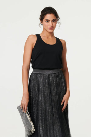 Black | Sparkly Semi Sheer High Waist Midi Skirt

