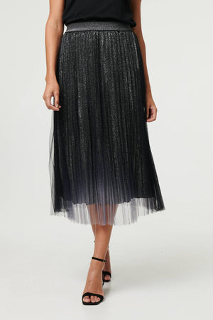 Black | Sparkly Semi Sheer High Waist Midi Skirt
