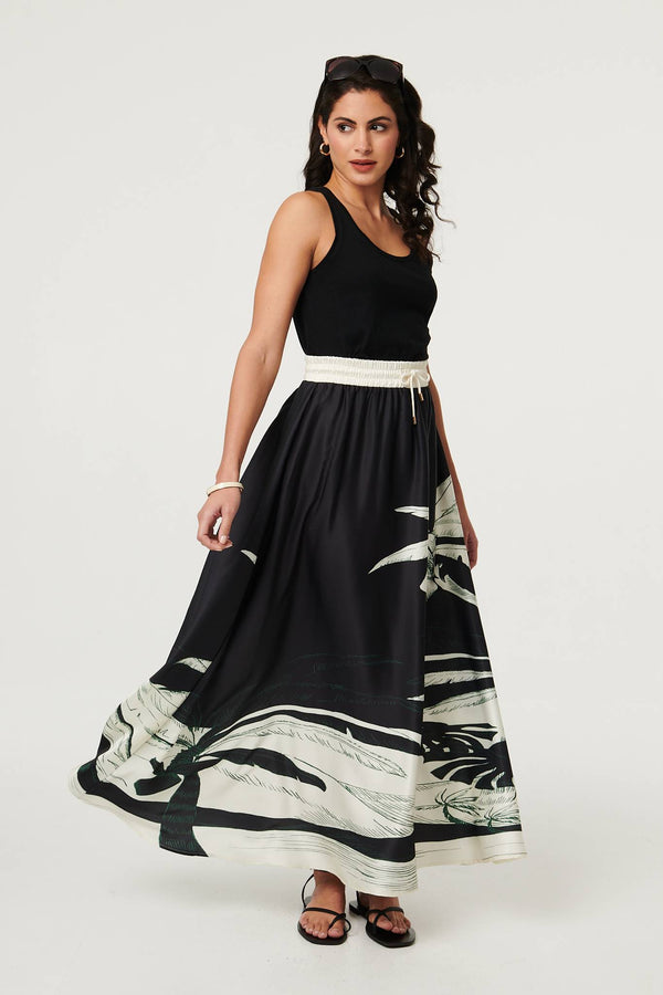 Black | Tropical Print High Waist Maxi Skirt