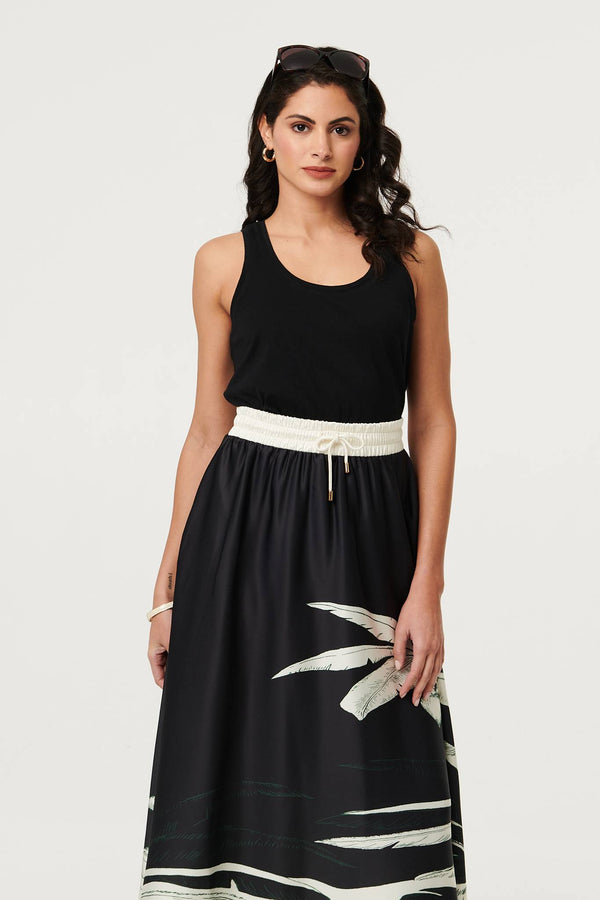 Black | Tropical Print High Waist Maxi Skirt
