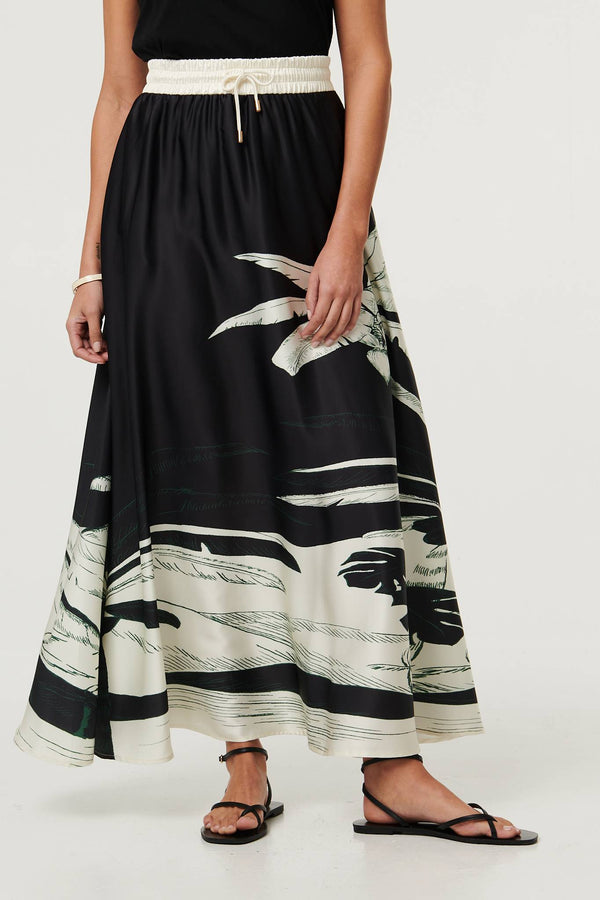 Black | Tropical Print High Waist Maxi Skirt