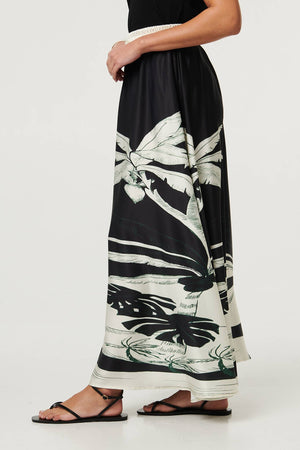 Black | Tropical Print High Waist Maxi Skirt