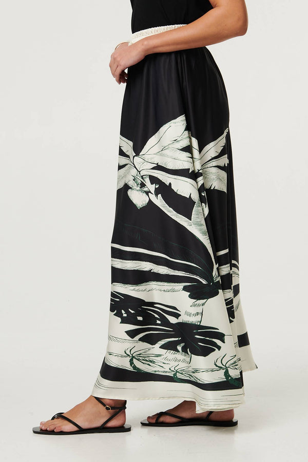 Black | Tropical Print High Waist Maxi Skirt
