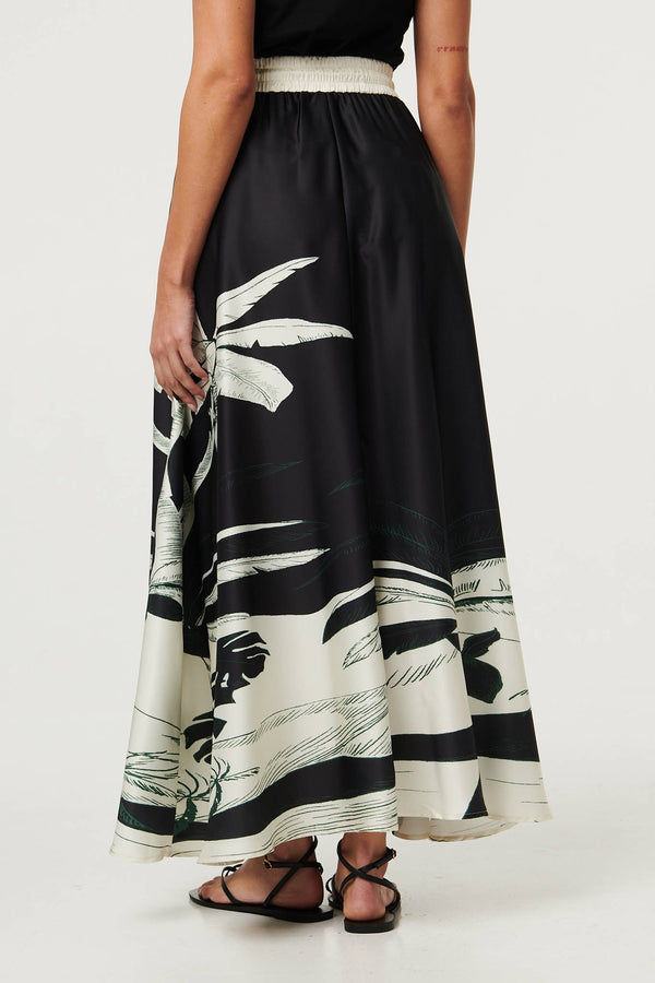 Black | Tropical Print High Waist Maxi Skirt