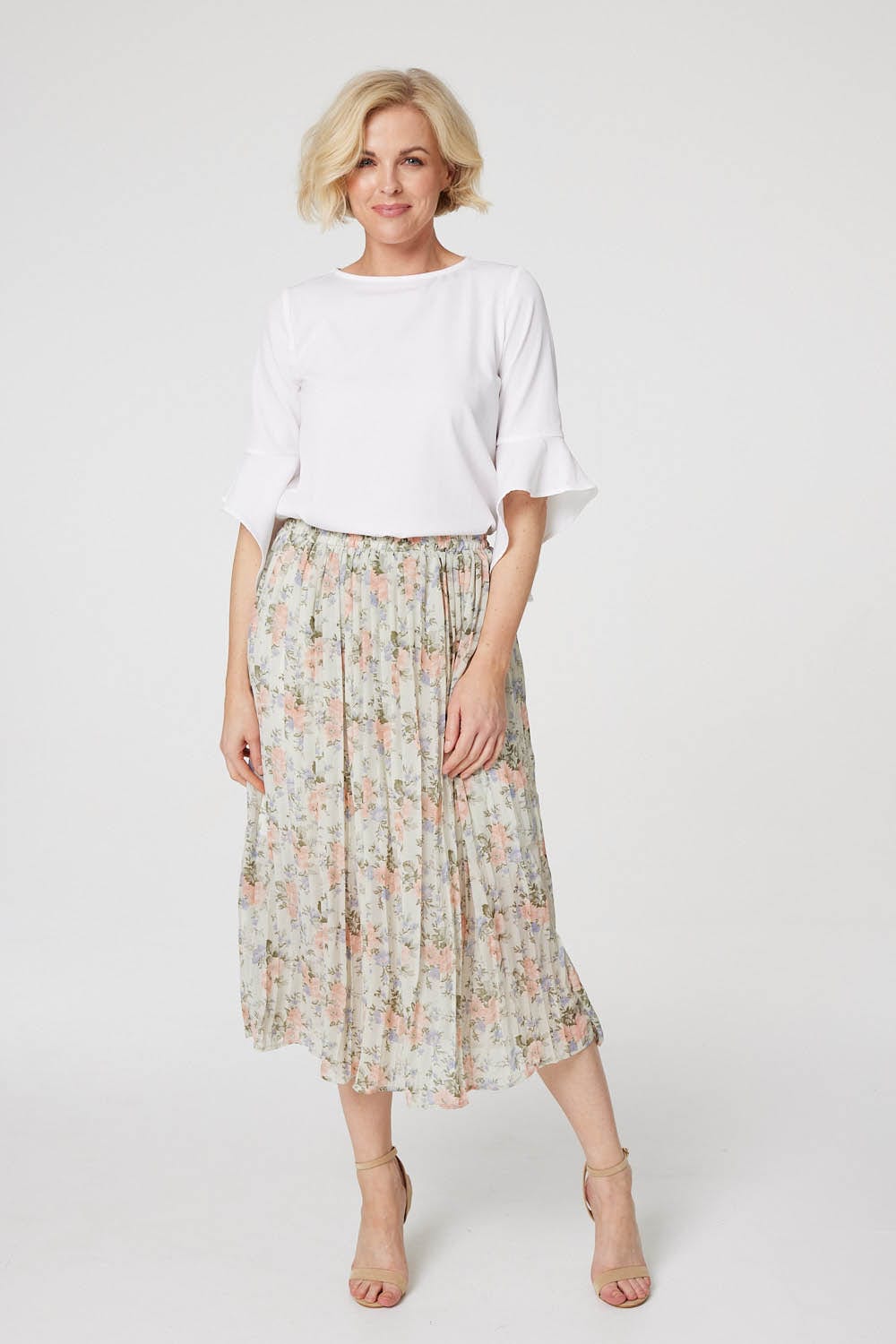 Green | Floral High Waist Pleated Midi Skirt