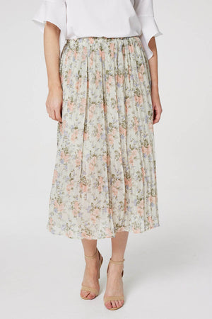 Green | Floral High Waist Pleated Midi Skirt