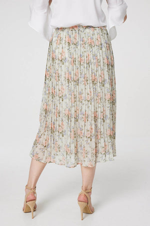 Green | Floral High Waist Pleated Midi Skirt