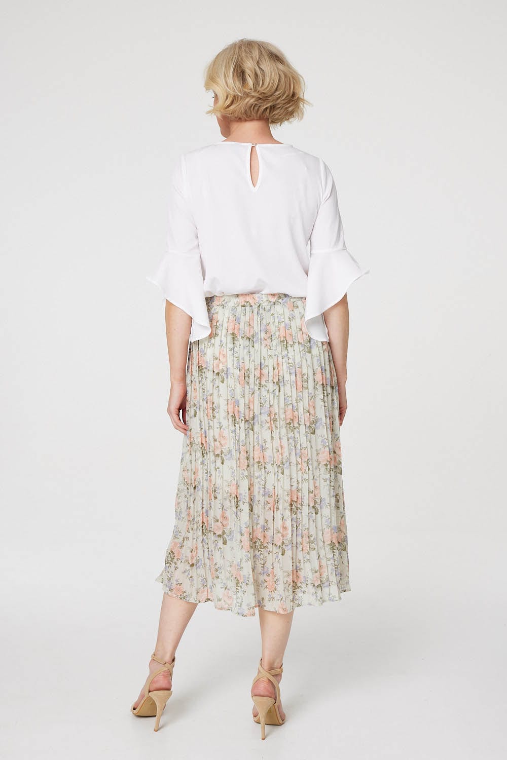 Green | Floral High Waist Pleated Midi Skirt