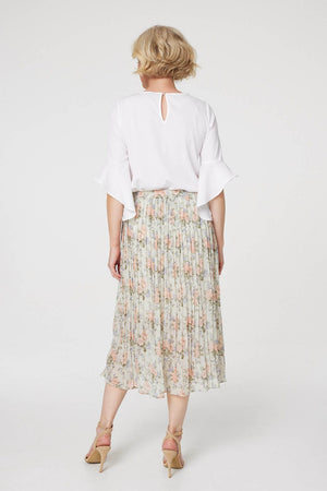 Green | Floral High Waist Pleated Midi Skirt