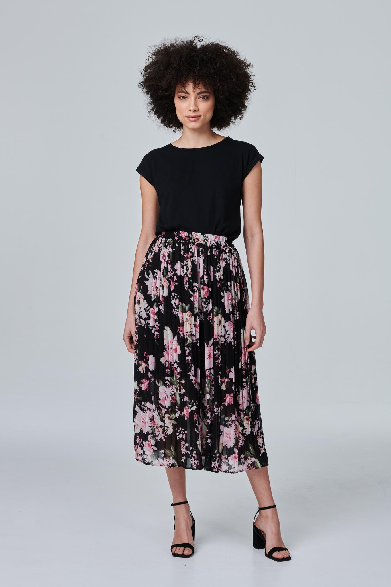 Black | Floral Pleated High Waist Skirt