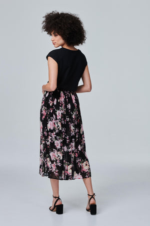 Black | Floral Pleated High Waist Skirt